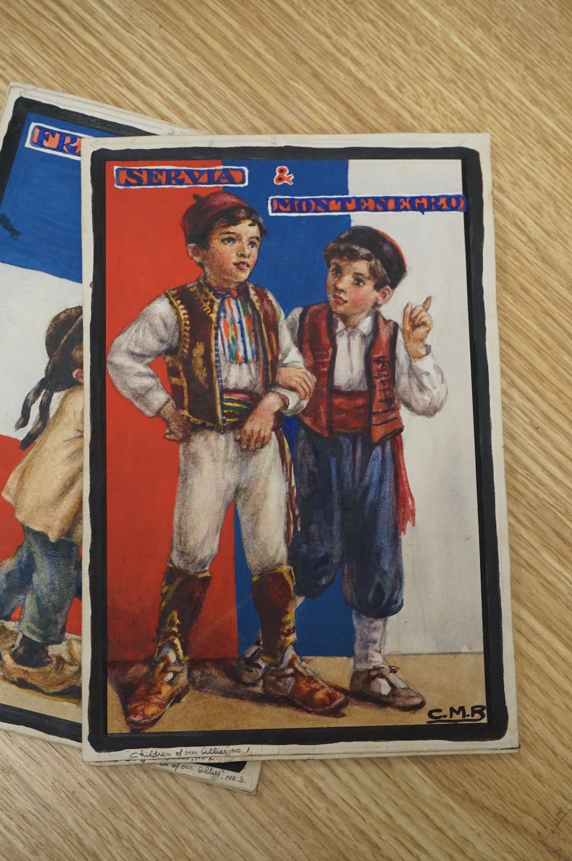 Cicely Mary Barker (1895-1973), a set of eight original watercolours for children's postcard designs, WWI Children of our Allies, to include Great Britain, France and Belgium, each initialled, unframed, 23 x 16cm